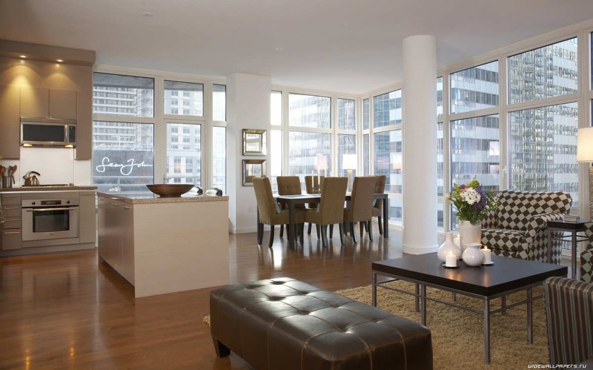 Гостиная столовая с панорамными окнами