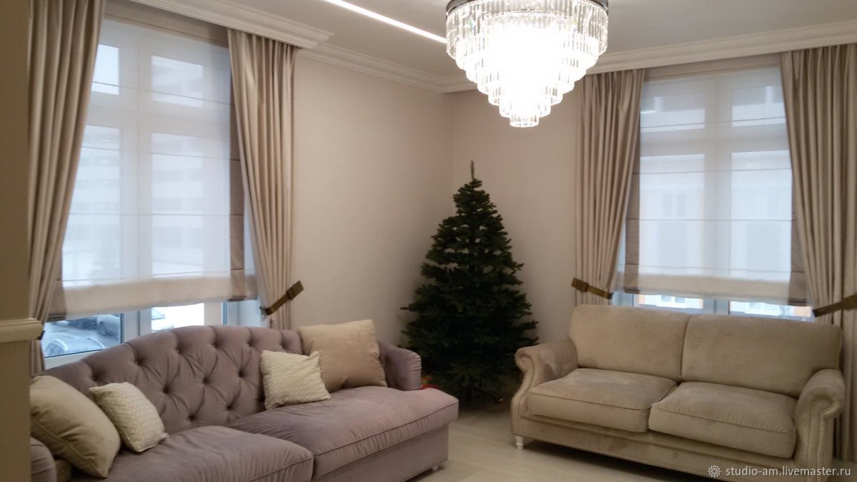 Шторы в гостиную на 2 окна на штангах