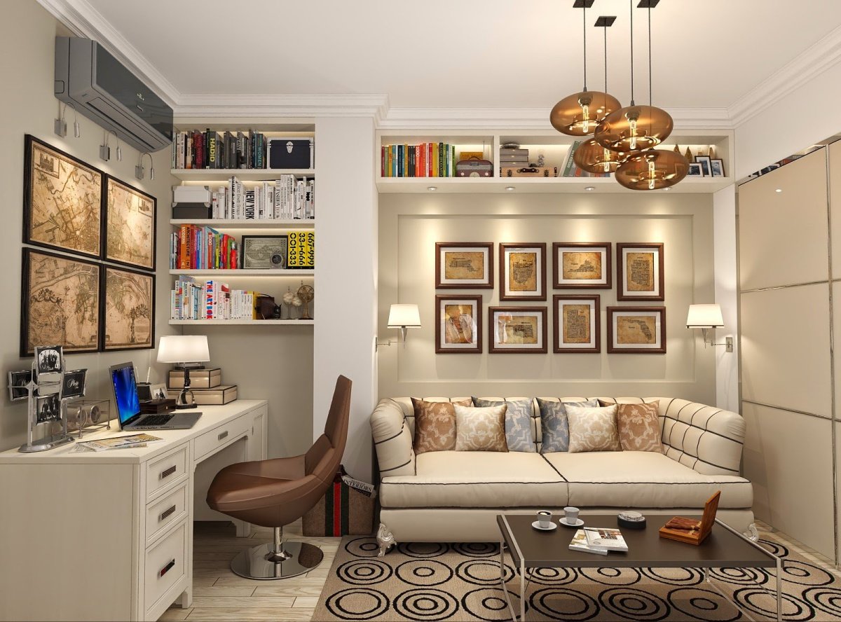 Интерьер гостиной без окон