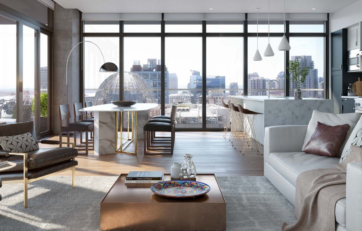 Кухня гостиная с панорамными окнами