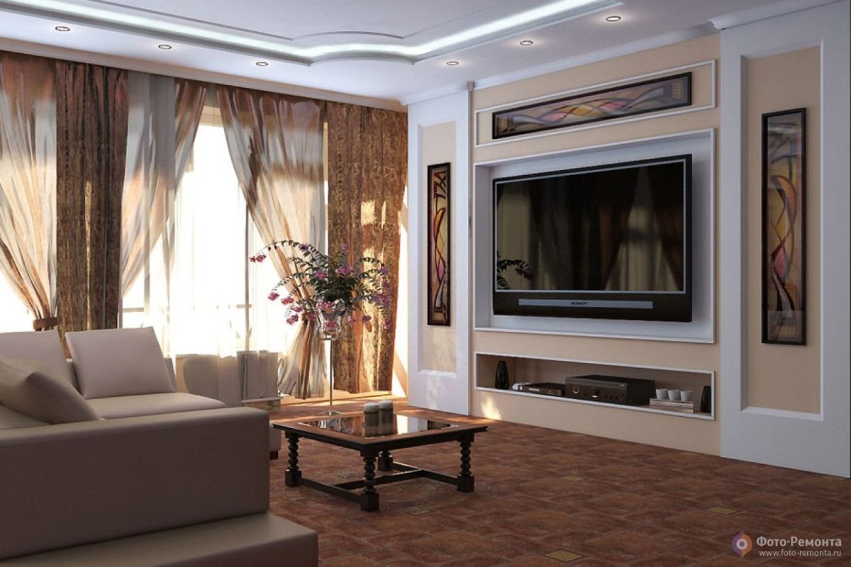 Телевизор между окнами в интерьере