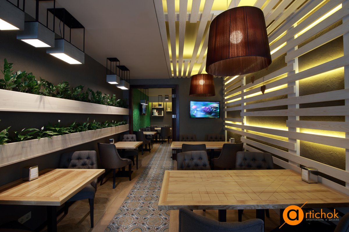 Интерьер кафе в зелено деревянном стиле