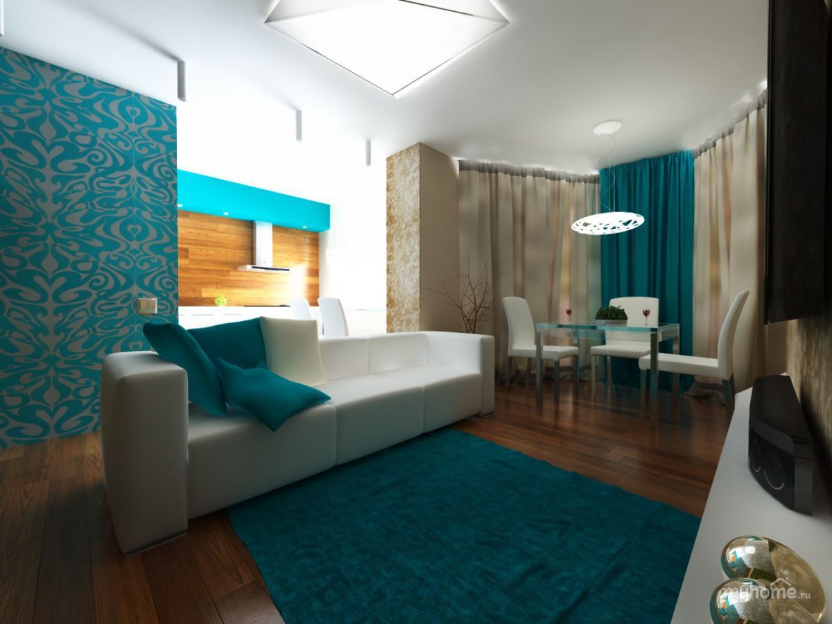 Ковер с бирюзовыми шторами в интерьере