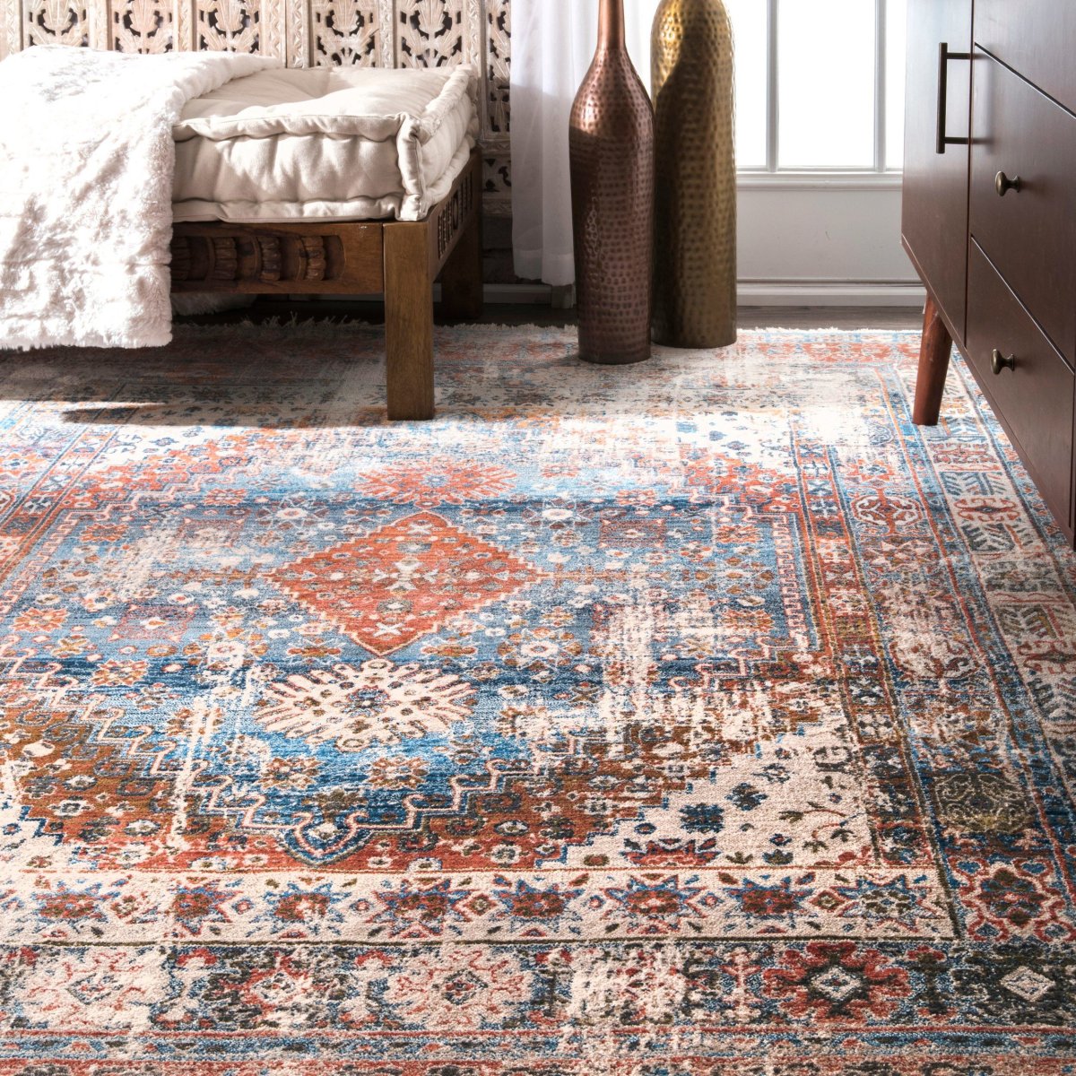 Ковер состаренный синий оранжевый