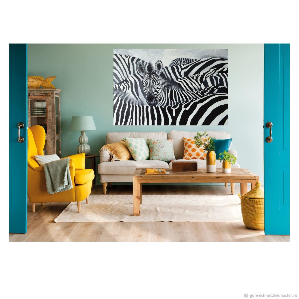 Интерьер спальни с ковром Зебра