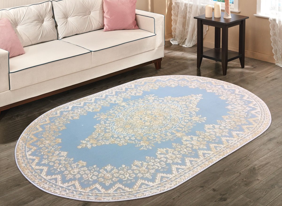 Ковер KQSEM 4095a бахрома овальный белый/голубой