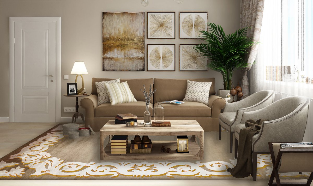 Коричневый ковер в интерьере гостиной