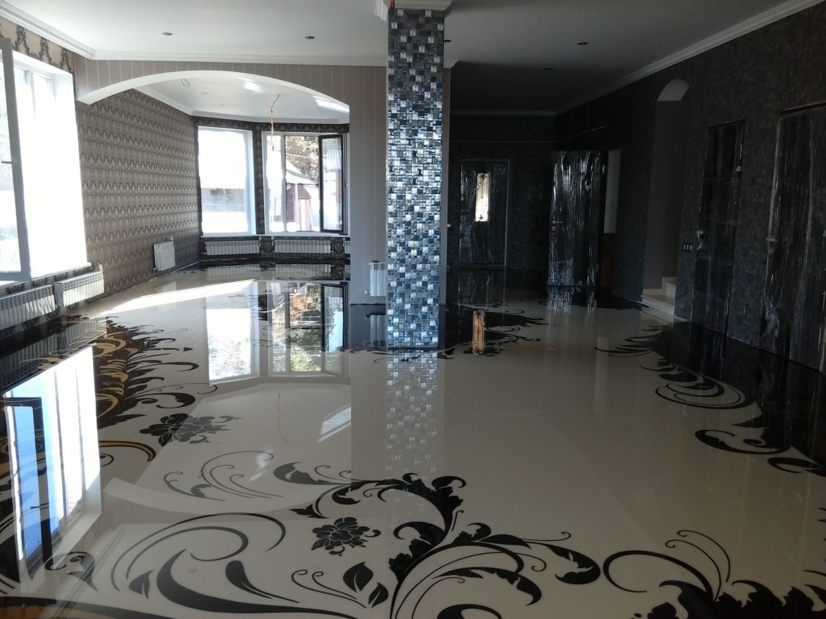 Цементный наливной пол в гостиной