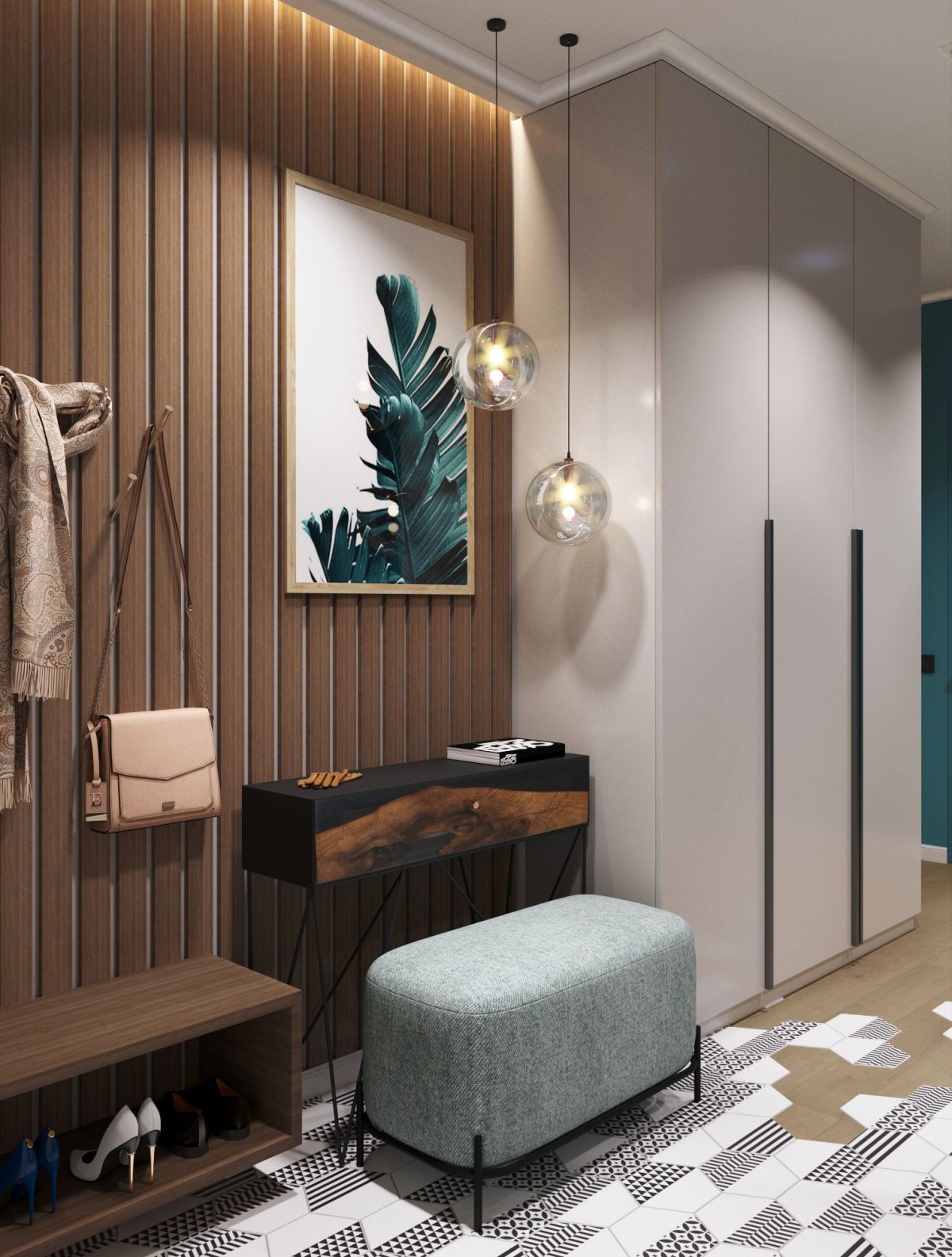 Прихожая с рейками на стене