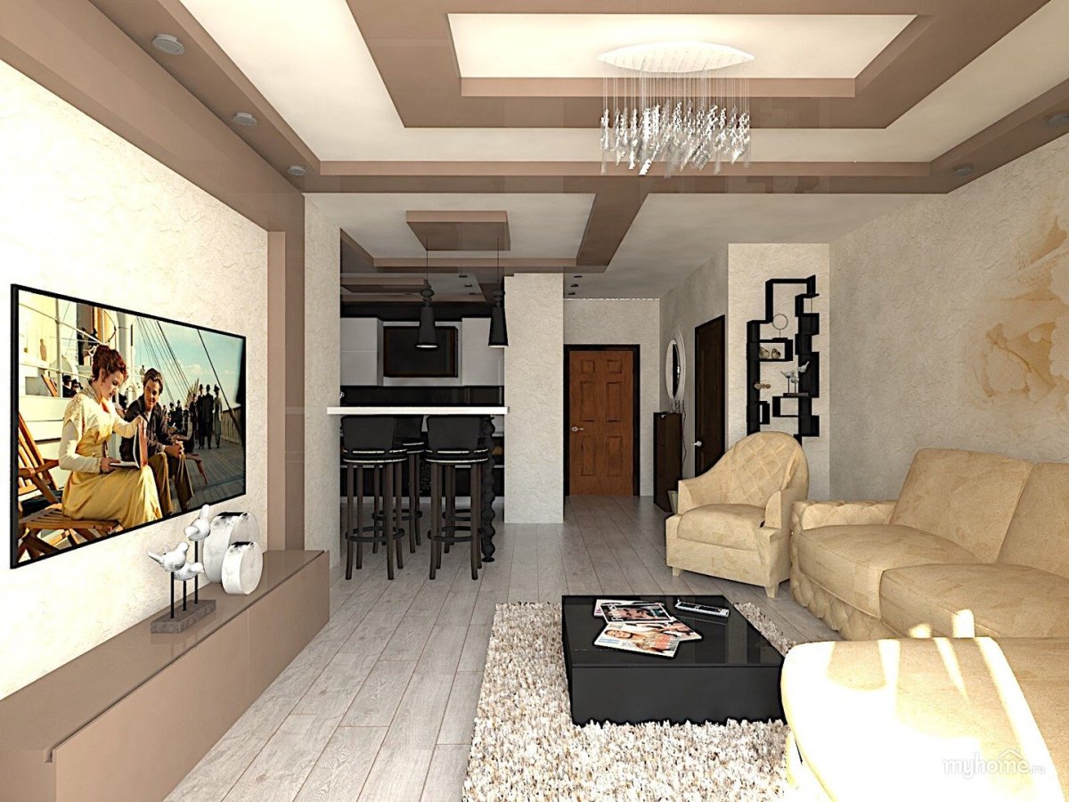 Гостиная совмещенная с кухней и прихожей