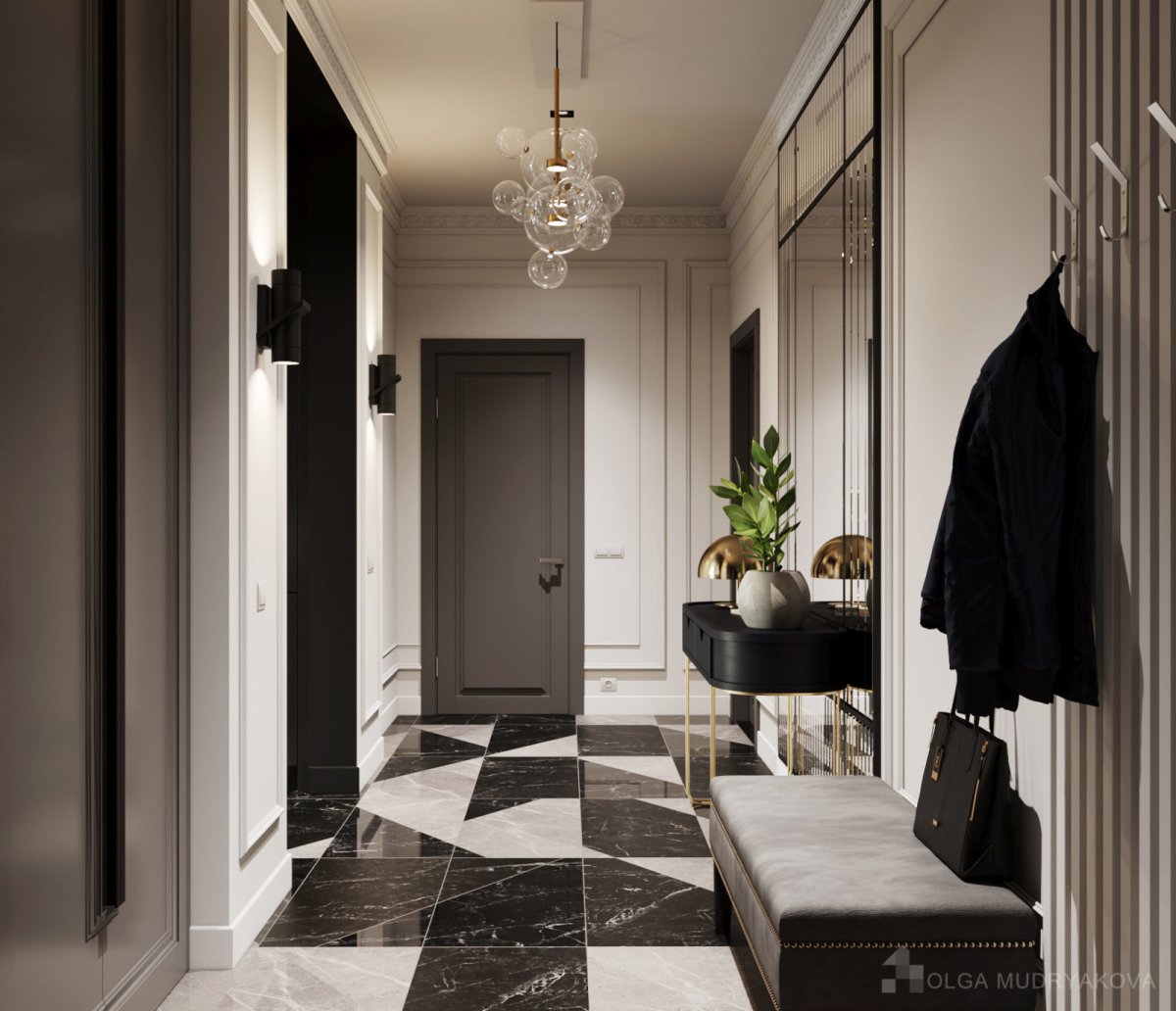 Черно белая плитка в прихожей