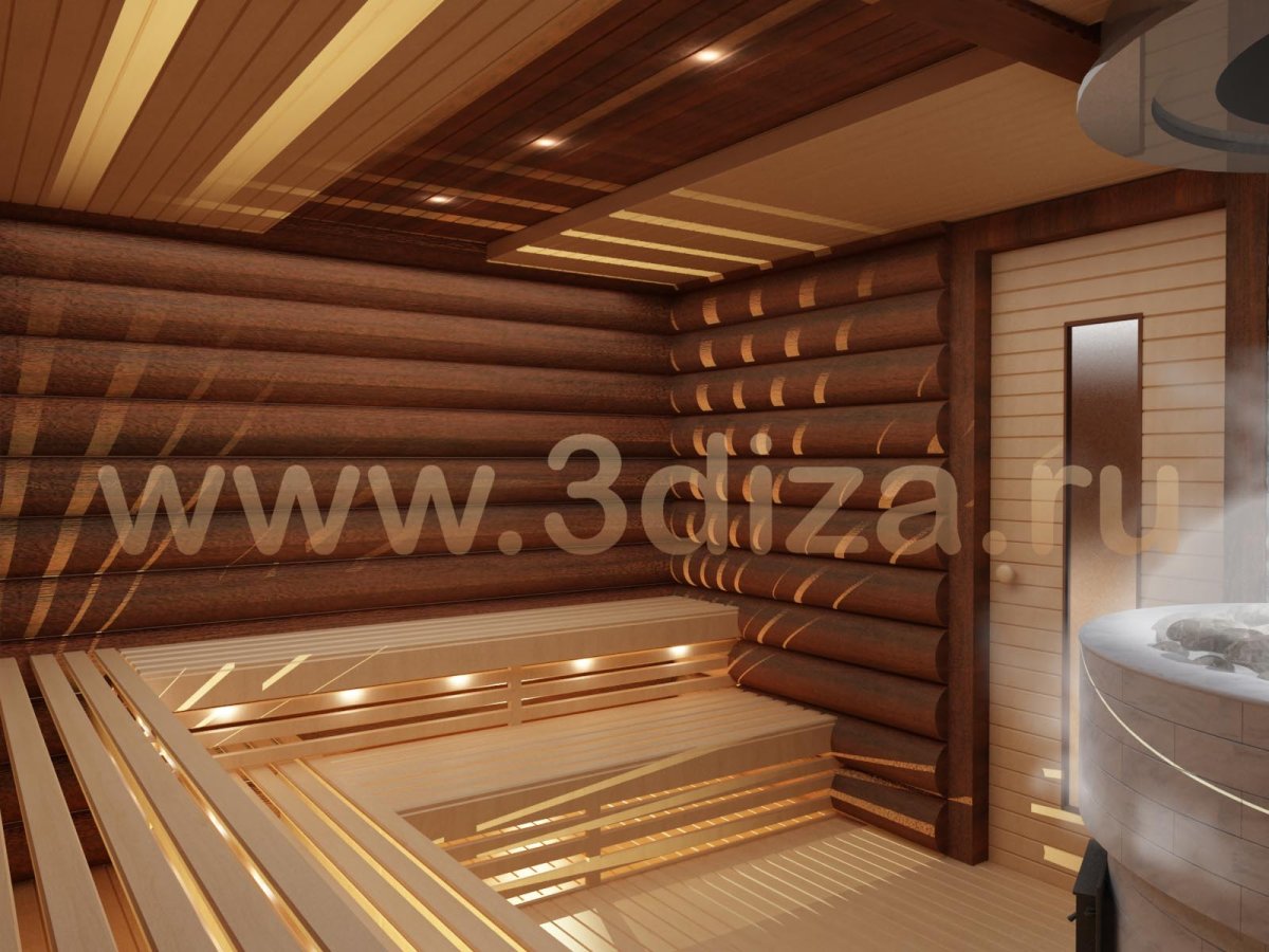 Двухуровневый потолок в деревянной сауне