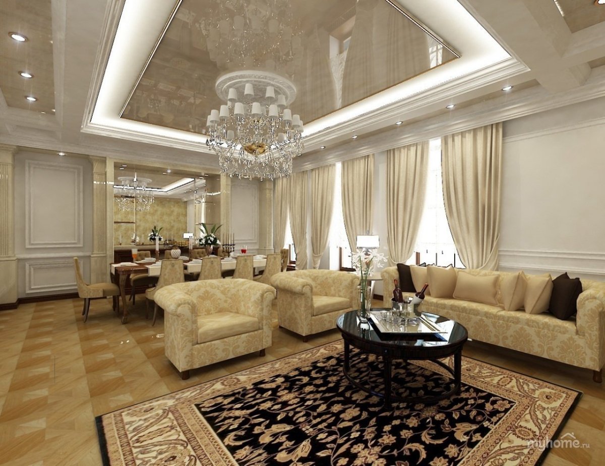 Натяжной потолок в зале в классическом стиле
