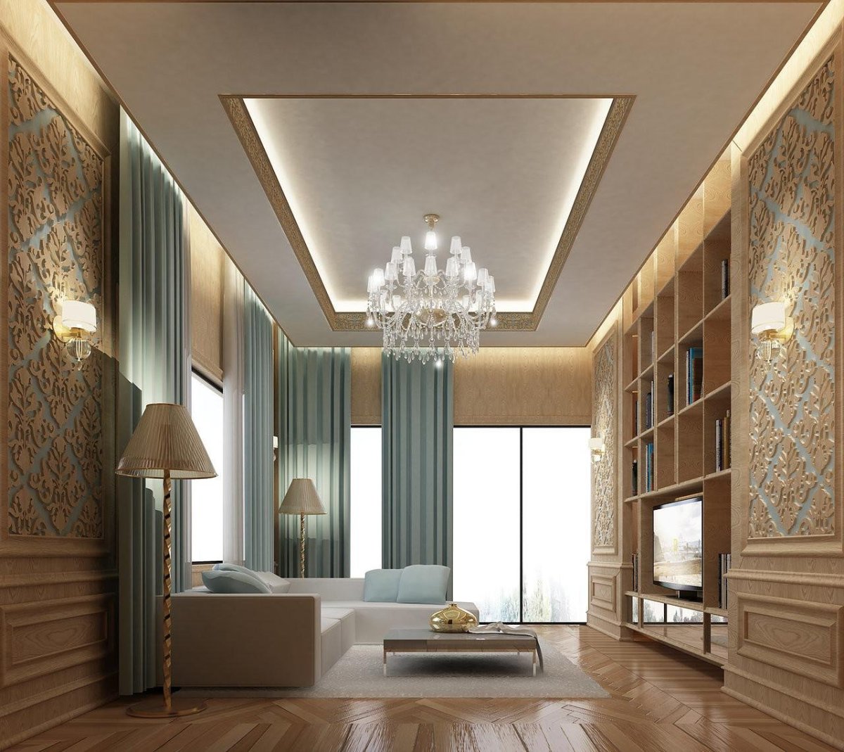 Натяжные потолки для гостиной в классическом стиле