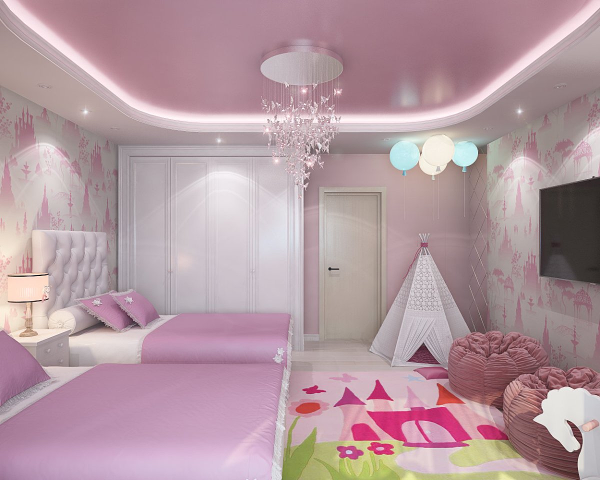 Розовый потолок в интерьере