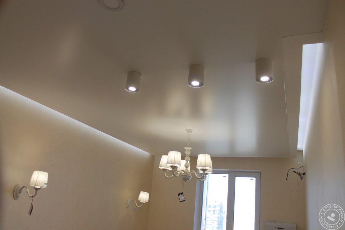 Натяжные потолки матовые белые фото со светильниками