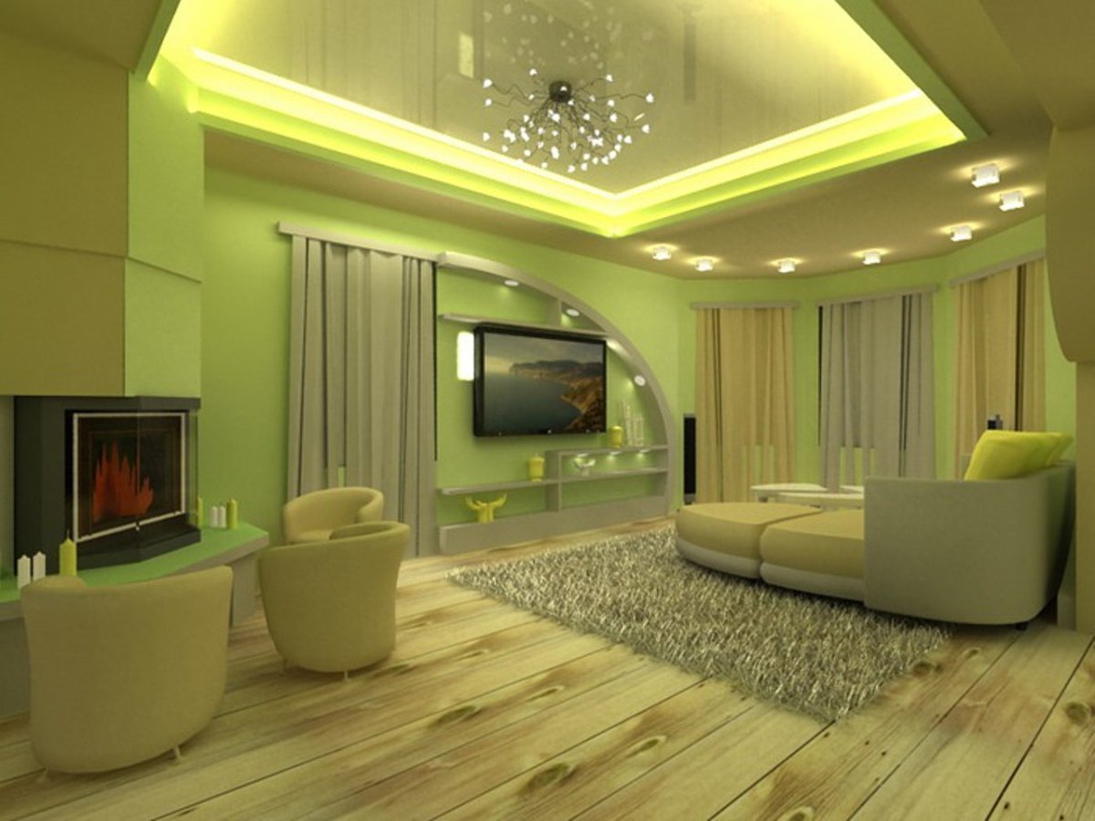 Бежевая спальня с зелеными шторами