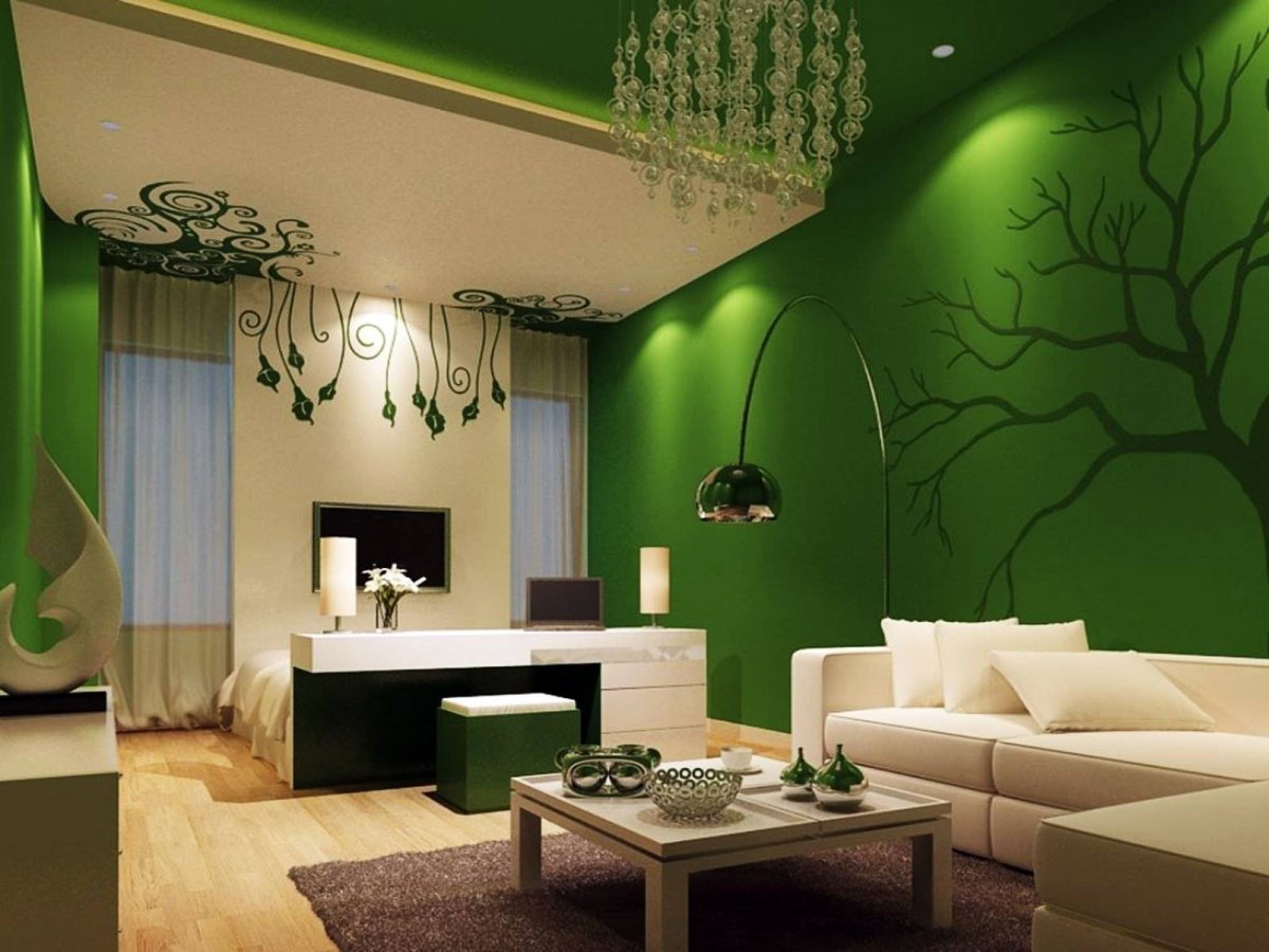 Зеленые обои в гостиной