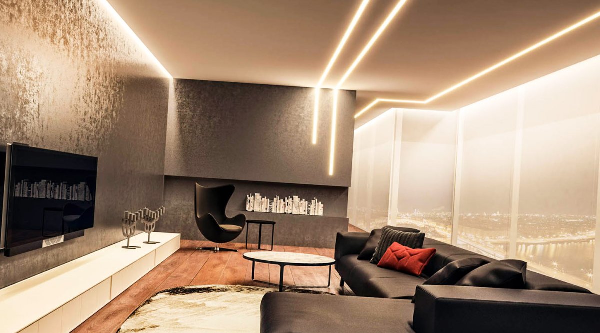 Линейные светильники в интерьере гостиной
