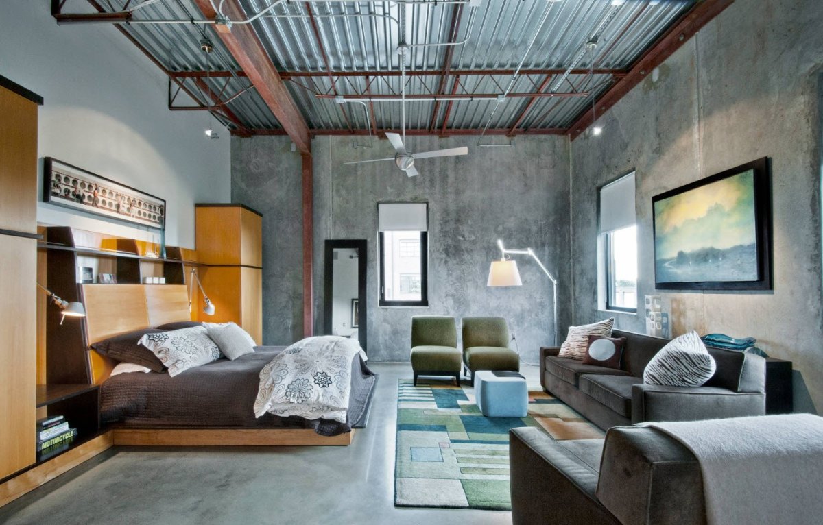 Бетонный потолок в спальне