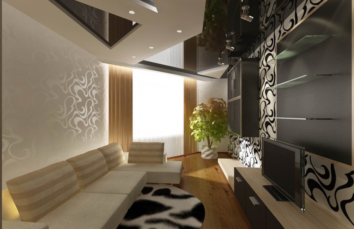 Натяжные потолки в узкой гостиной