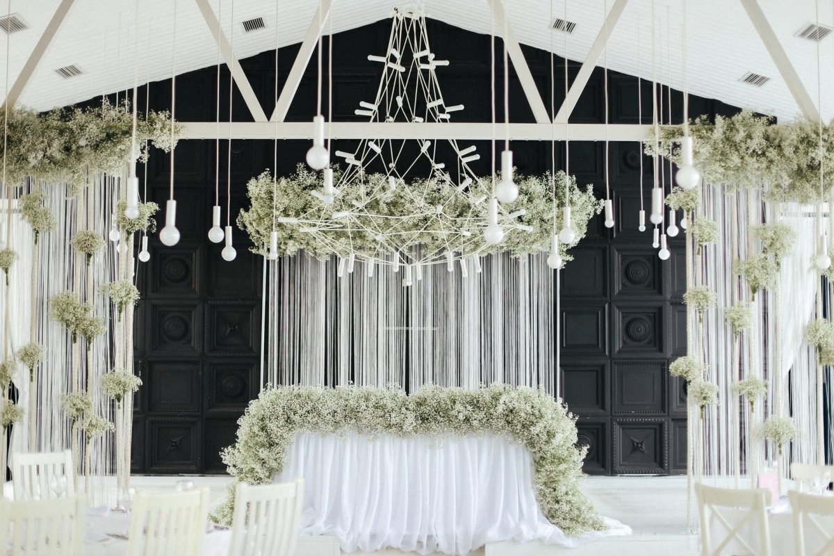 Украшение зала с потолка на свадьбу