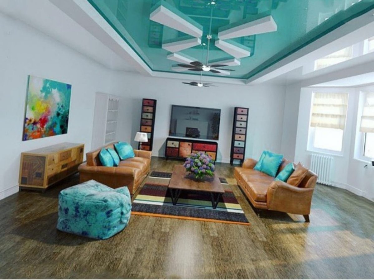 Бирюзовый потолок в спальне