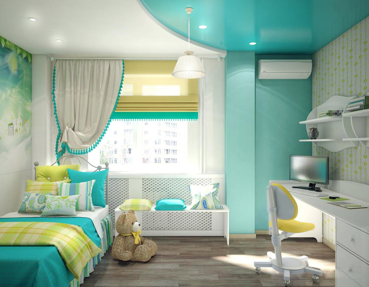 Зелёный потолок в спальне