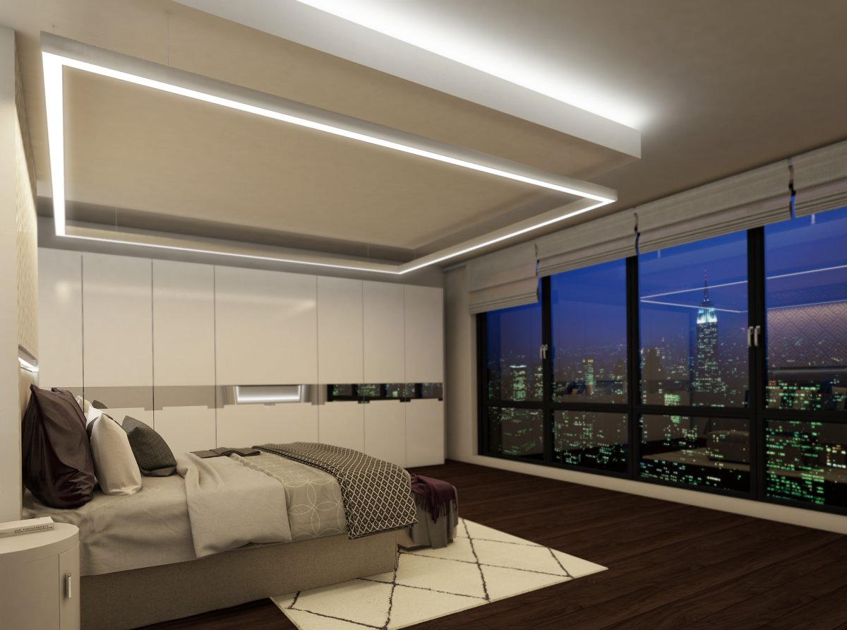 Подвесной линейный светильник в интерьере