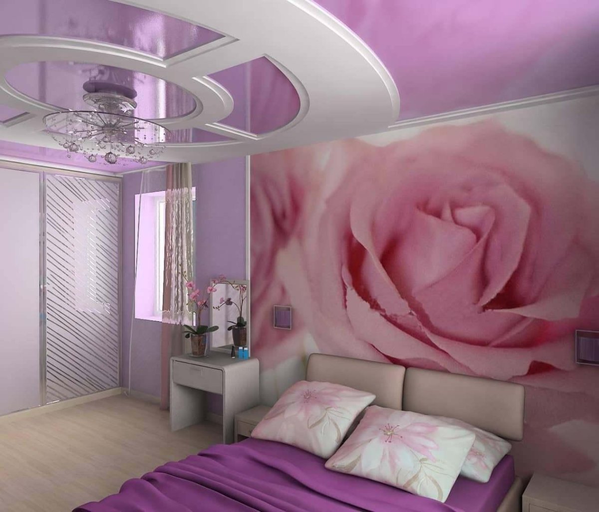 Розовый натяжной потолок в спальне
