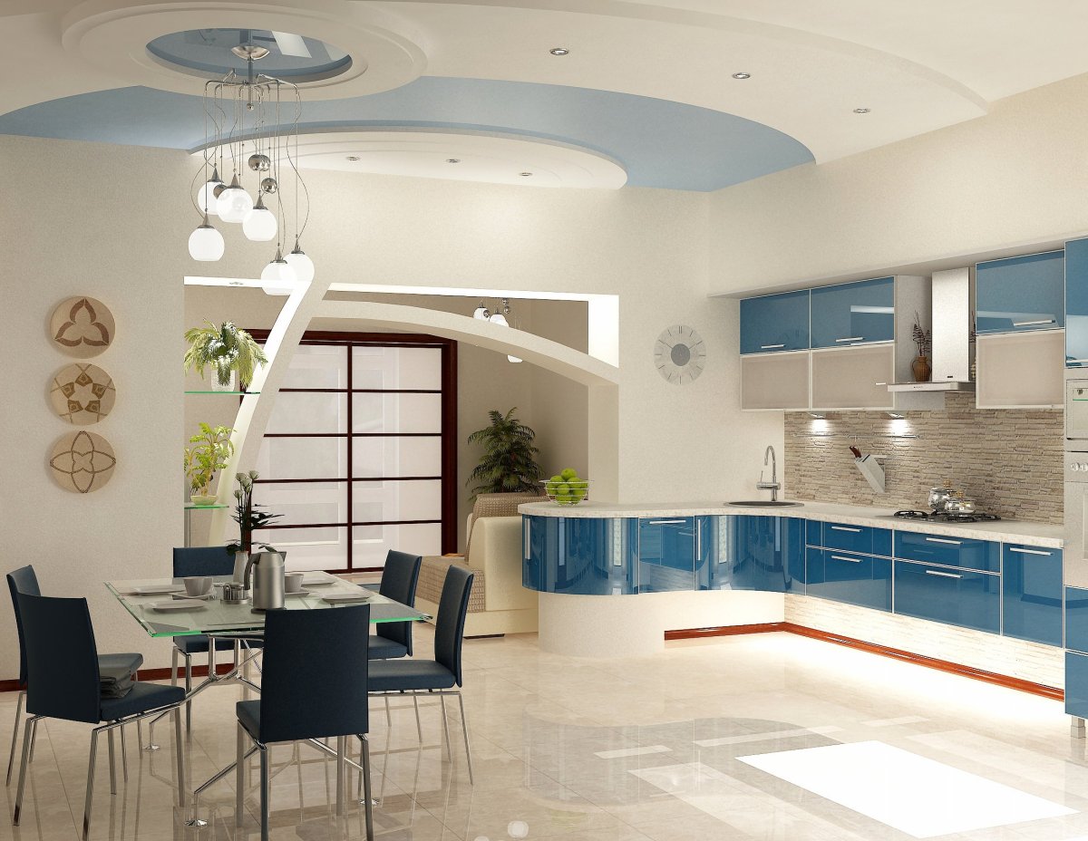 Натяжной потолок кухня гостиная