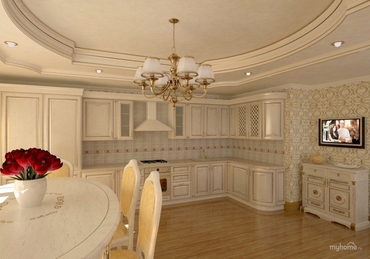 Двухуровневый потолок на кухне классика