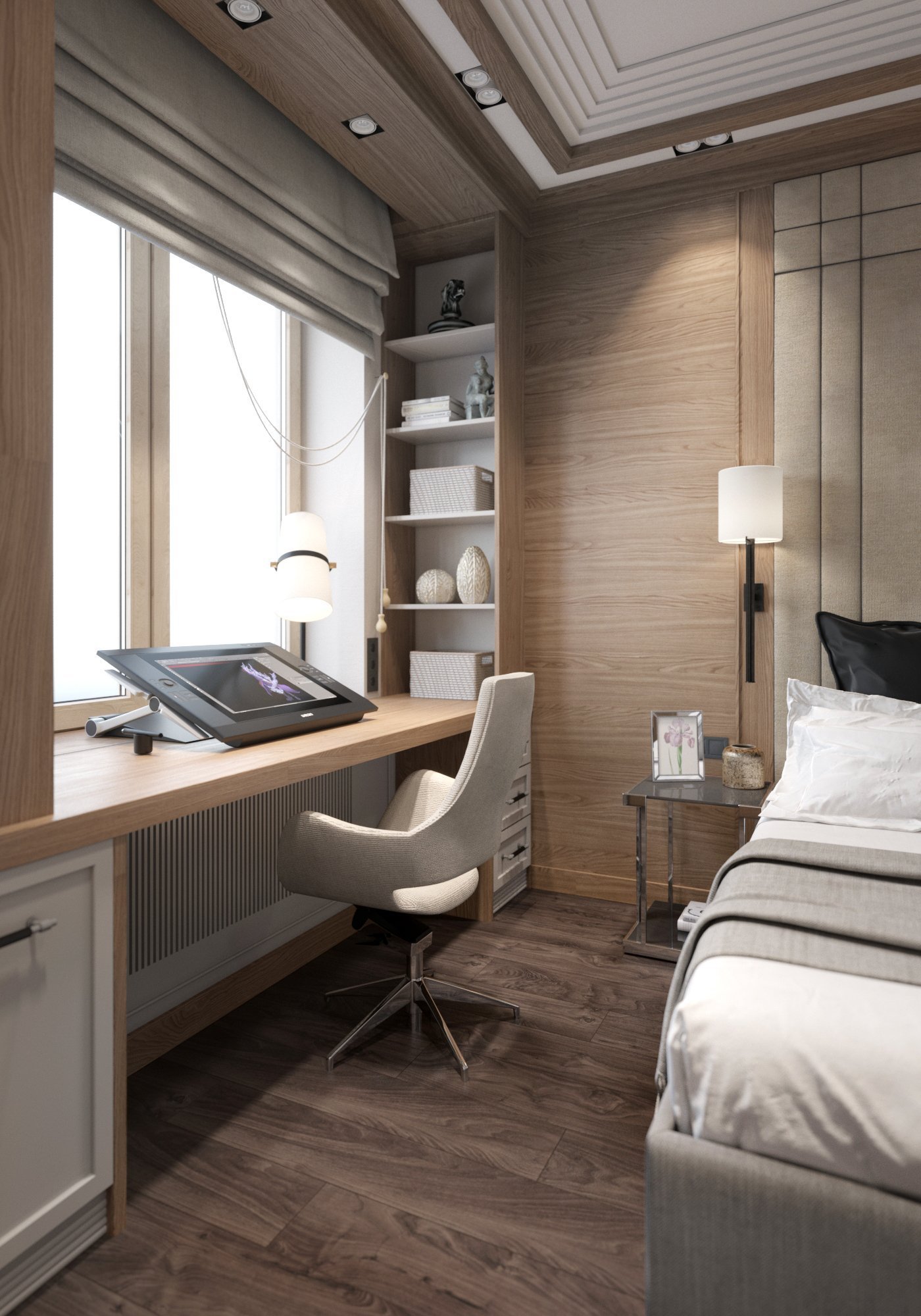 Современный дизайн спальни в комнате 21 кв.м. зонирование и планировка