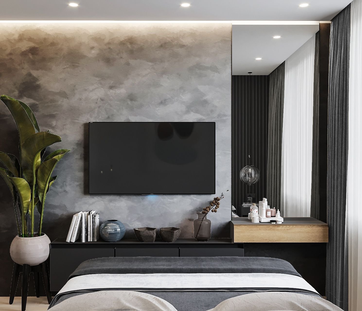 Оформление стены с телевизором в спальне - 75 фото