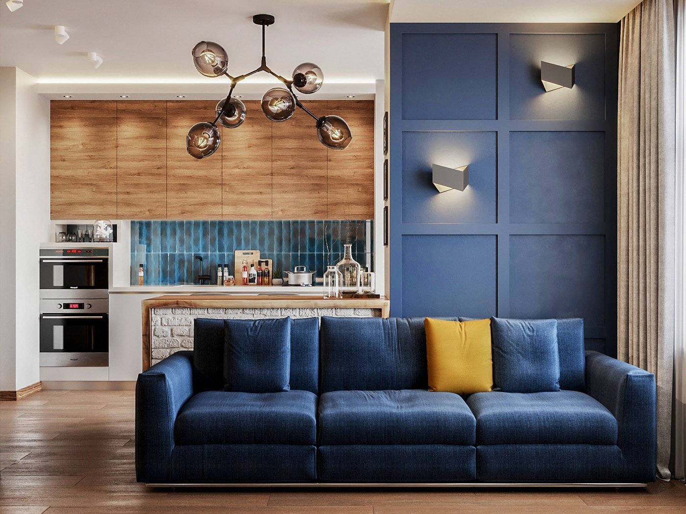 Синий диван в интерьере гостиной - 72 фото