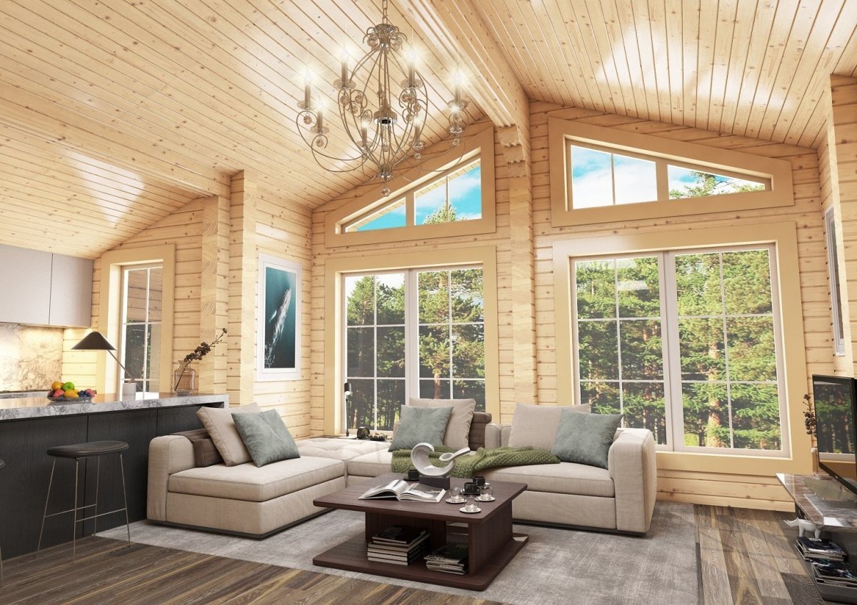 Интерьер спальни в доме из клееного бруса