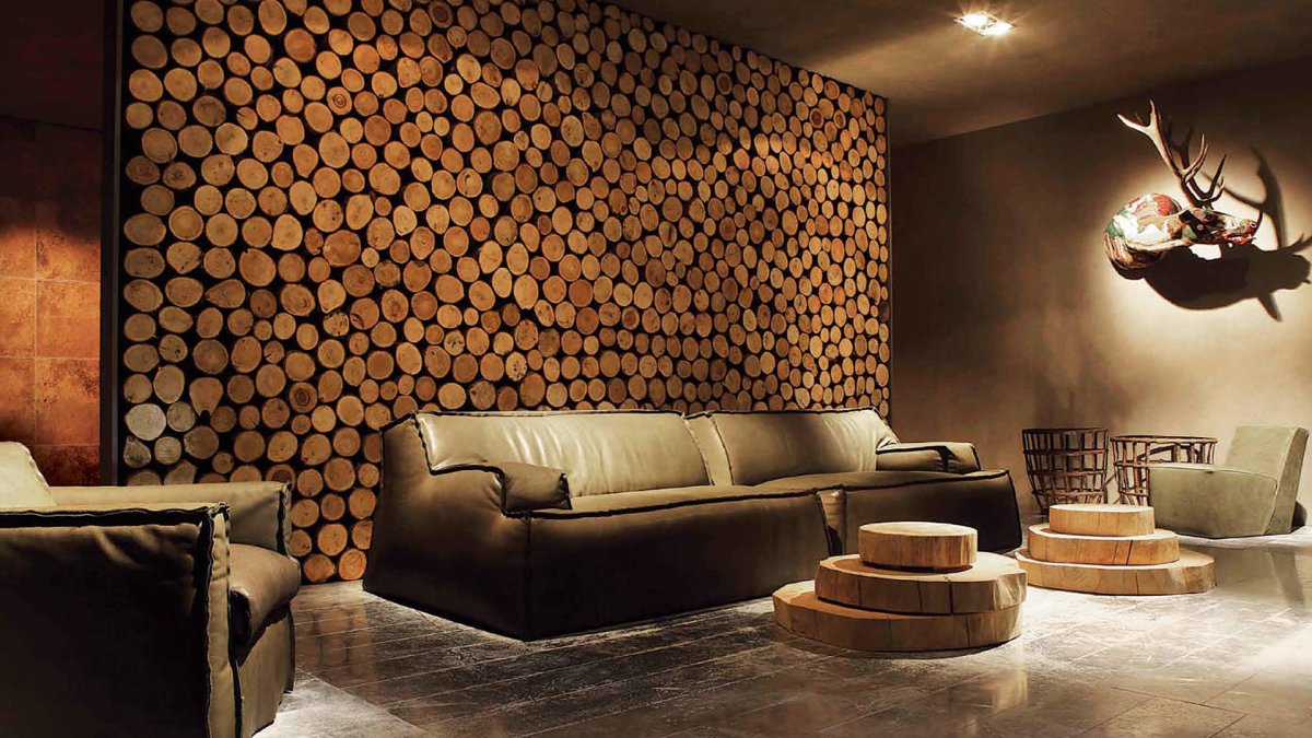 Отделка стен спилами из дерева