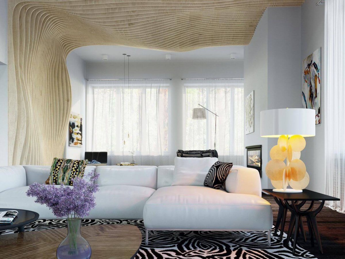 Потолочные светильники в интерьере гостиной