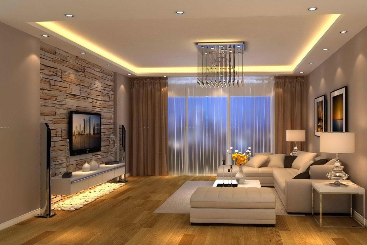 Гипсокартоновый потолок с подсветкой в гостиной