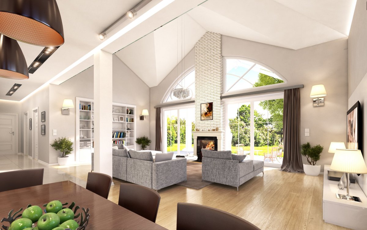 Одноэтажный деревянный дом с высоким потолком