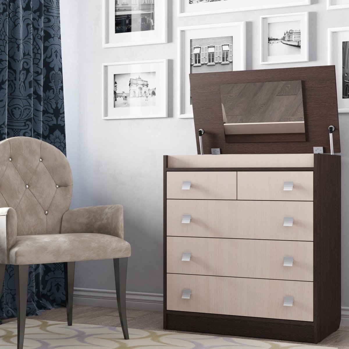 Комод к26 с зеркалом дуб выбеленный/венге