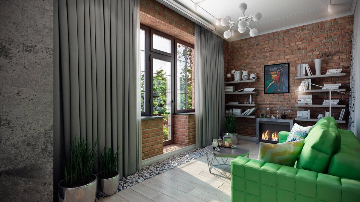 Зеленая, гостиная лофт