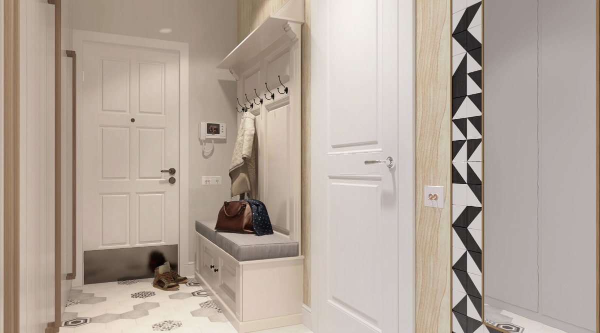 Серая прихожая с белыми дверями