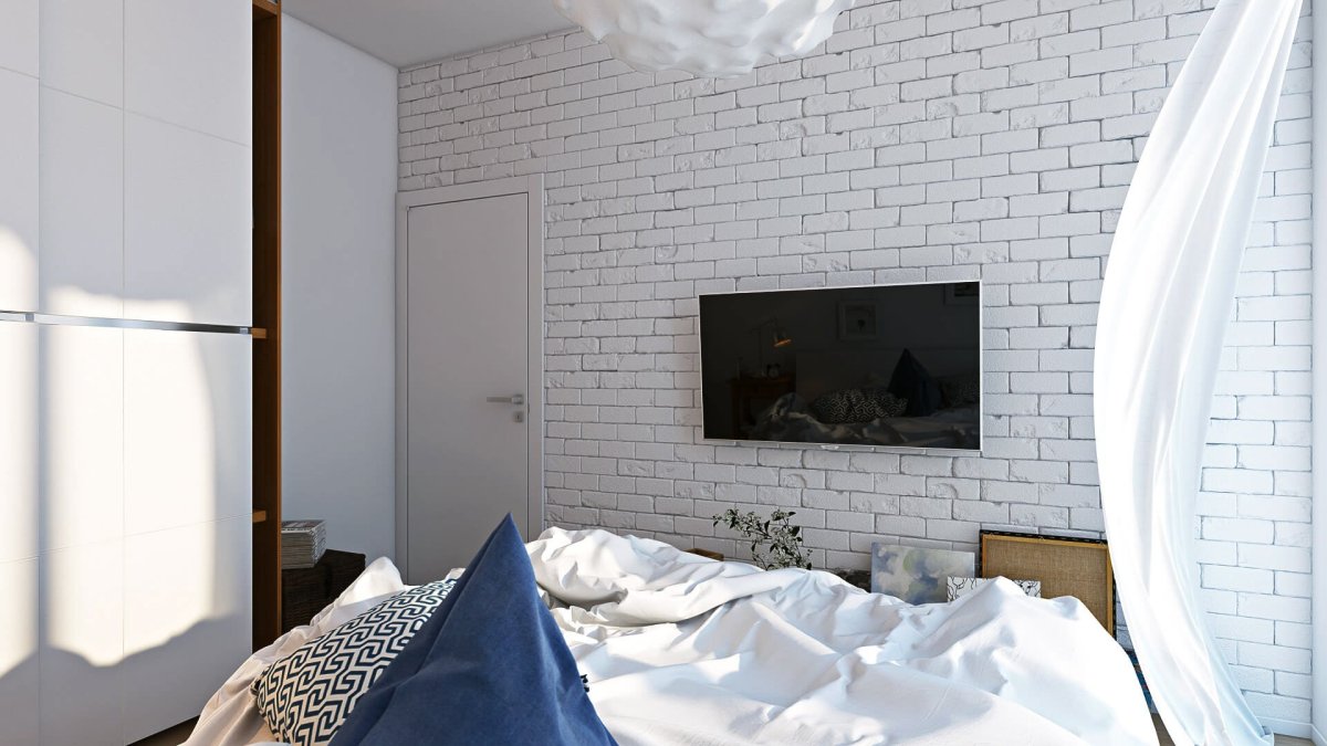 Кирпичная стена в спальне