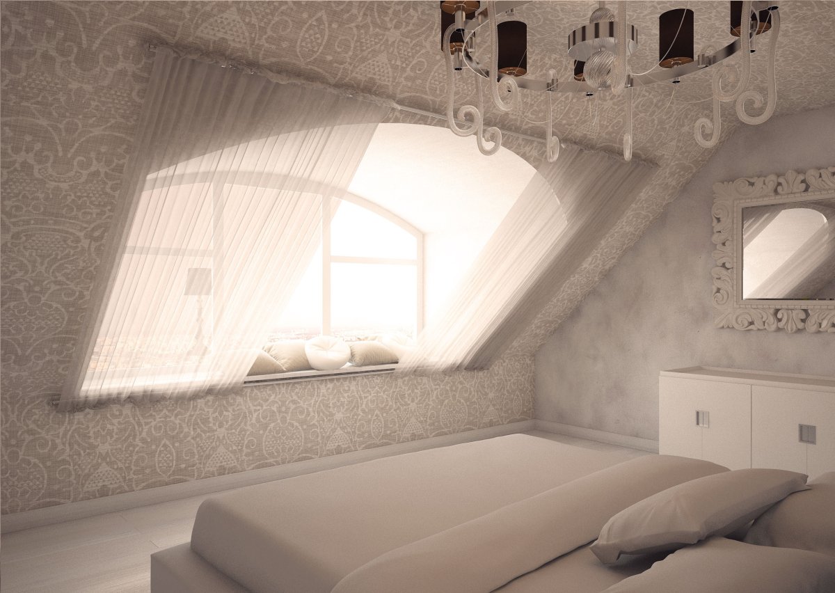 Спальня на мансарде в светлых тонах