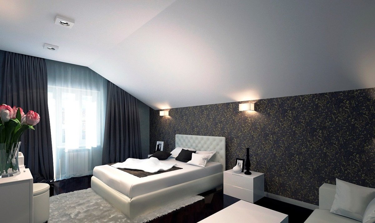 Спальня с белым потолком