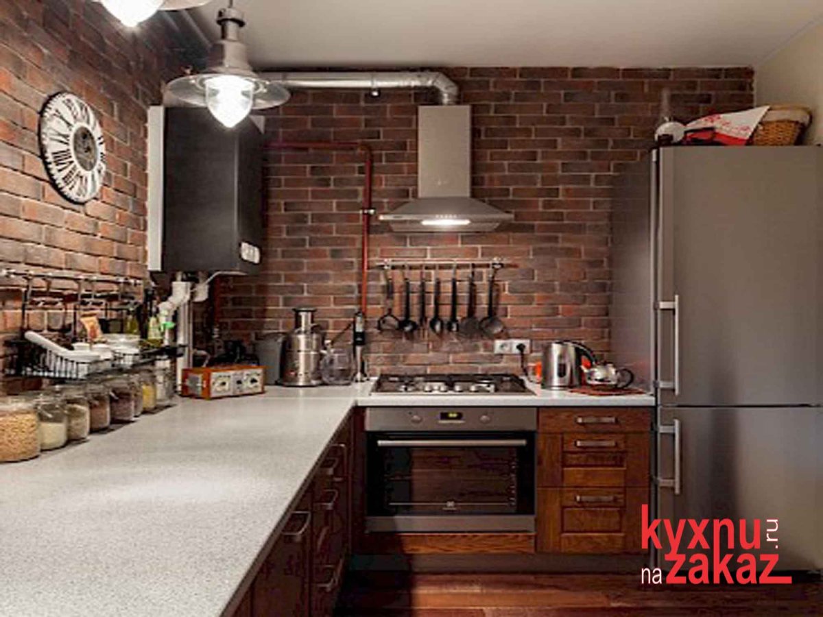 Кухня в стиле лофт кухонный фартук кирпич
