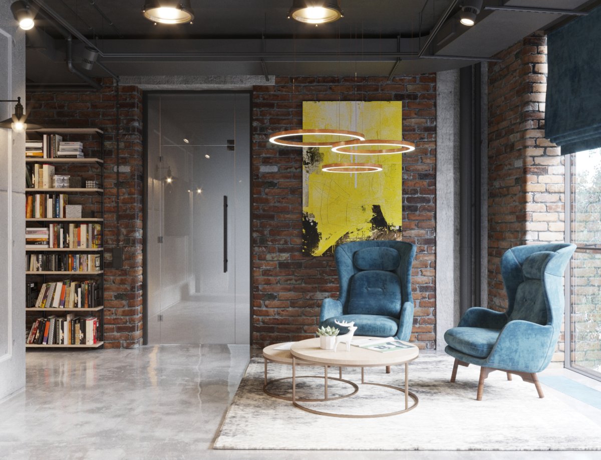 Офис в стиле лофт с черным потолком