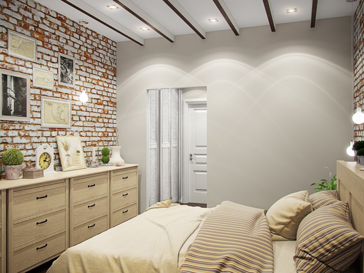 Спальня с белыми кирпичиками