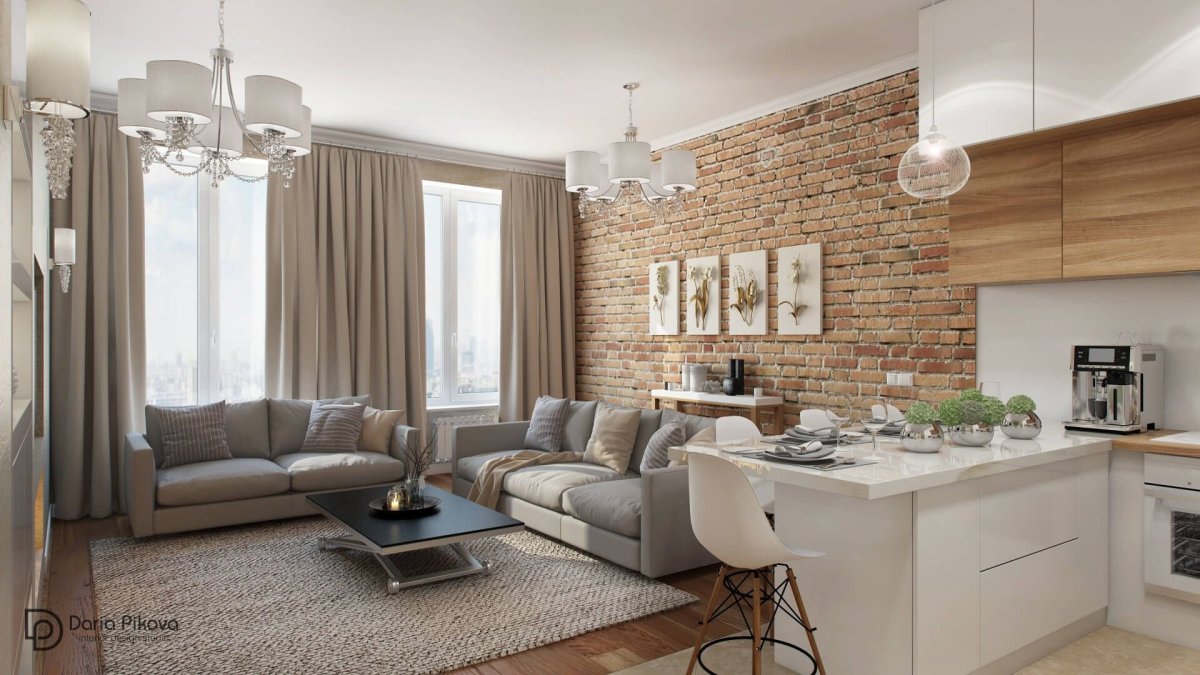 Кухня гостиная с кирпичной стеной